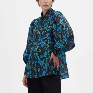 Ganni Meadow Azure Blue Puff Sleeve Shirt sz 46 XXL